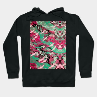 FLYING WHITE CRANES ON BLUE WATER AND SPRING FLOWERS Antique Red Teal Japanese Floral Hoodie